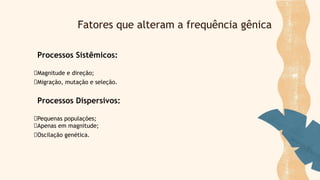 Fatores que alteram a frequência gênica
Processos Sistêmicos:
Magnitude e direção;
Migração, mutação e seleção.
Processos Dispersivos:
Pequenas populações;
Apenas em magnitude;
Oscilação genética.
 