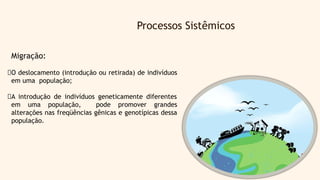 Processos Sistêmicos
Migração:
O deslocamento (introdução ou retirada) de indivíduos
em uma população;
A introdução de indivíduos geneticamente diferentes
em uma população, pode promover grandes
alterações nas freqüências gênicas e genotípicas dessa
população.
 