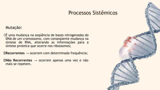 Processos Sistêmicos
Mutação:
É uma mudança na seqüência de bases nitrogenadas do
DNA de um cromossomo, com conseqüente mudança na
síntese de RNA, alterando as informações para a
síntese proteíca que ocorre nos ribossomos;
Recorrentes → ocorrem com determinada frequência;
Não Recorrentes → ocorrem apenas uma vez e não
mais se repetem.
 