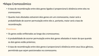 • A taxa de recombinação entre dois genes ligados é proporcional à distância entre eles no
cromossomo;
• Quanto mais afastados estiverem dois genes em um cromossomo, maior será a
probabilidade de ocorrer permutação entre eles e, portanto, maior será a taxa de
recombinação.
Premissas:
• Os genes estão enfileirados ao longo dos cromossomos;
• A probabilidade de ocorrer permutação entre dois genes afastados é maior do que quando
os dois genes estão próximos;
• A taxa de recombinação entre dois genes é proporcional à distância entre seus lócus gênicos,
permitindo que sejam posicionados no cromossomo.
•Mapa Cromossômico
 