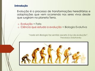 Introdução
Evolução é o processo de transformações hereditárias e
adaptações que vem ocorrendo nos seres vivos desde
que surgiram no planeta Terra.
o Evolução = Fato
o Ciência que estuda a evolução = Biologia Evolutiva
“nada em Biologia faz sentido exceto à luz da evolução”.
Theodozius Dobzhansky
 