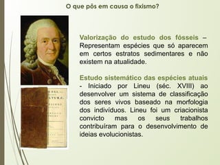 Valorização do estudo dos fósseis –
Representam espécies que só aparecem
em certos estratos sedimentares e não
existem na atualidade.
Estudo sistemático das espécies atuais
- Iniciado por Lineu (séc. XVIII) ao
desenvolver um sistema de classificação
dos seres vivos baseado na morfologia
dos indivíduos. Lineu foi um criacionista
convicto mas os seus trabalhos
contribuíram para o desenvolvimento de
ideias evolucionistas.
O que pôs em causa o fixismo?
 