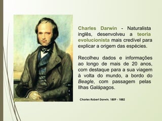 Charles Darwin - Naturalista
inglês, desenvolveu a teoria
evolucionista mais credível para
explicar a origem das espécies.
Recolheu dados e informações
ao longo de mais de 20 anos,
com destaque para a sua viagem
à volta do mundo, a bordo do
Beagle, com passagem pelas
Ilhas Galápagos.
Charles Robert Darwin, 1809 - 1882
 