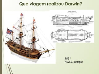 Que viagem realizou Darwin?
1831
H.M.S. Beagle
 