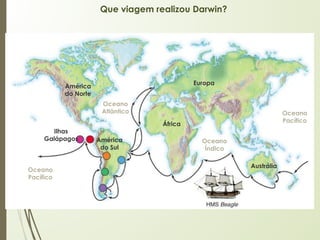 Ilhas
Galápagos
África
Europa
Austrália
América
do Norte
América
do Sul
Oceano
Pacífico
Oceano
Atlântico
Oceano
Índico
Oceano
Pacífico
Que viagem realizou Darwin?
 