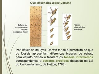 Que influências sofreu Darwin?
Por influência de Lyell, Darwin ter-se-á percebido de que
os fósseis apresentam diferenças bruscas de estrato
para estrato devido a faltarem os fósseis intermédios
correspondentes a estratos erodidos (baseado na Lei
do Uniformitarismo, de Hutton, 1788).
Fósseis
intermédios
erodidos
Coluna de
estratos com
lacuna
no registo fóssil
 