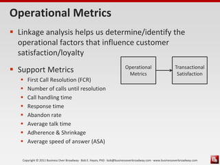Operational Metrics
 Linkage analysis helps us determine/identify the
  operational factors that influence customer
  satisfaction/loyalty
 Support Metrics                                                        Operational
                                                                          Metrics
                                                                                                            Transactional
                                                                                                             Satisfaction
      First Call Resolution (FCR)
      Number of calls until resolution
      Call handling time
      Response time
      Abandon rate
      Average talk time
      Adherence & Shrinkage
      Average speed of answer (ASA)

   Copyright © 2011 Business Over Broadway · Bob E. Hayes, PhD · bob@businessoverbroadway.com · www.businessoverbroadway.com
 