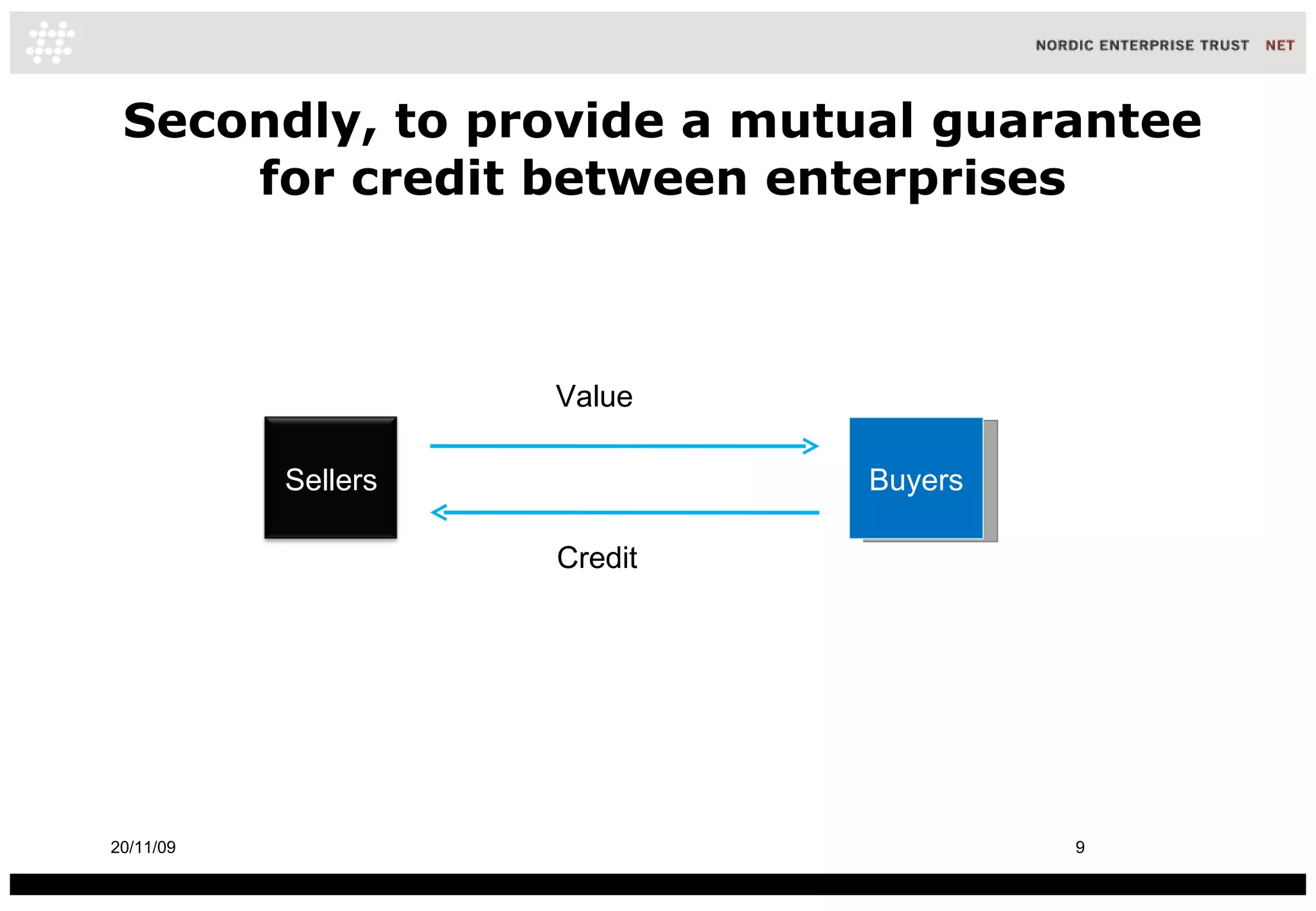 Secondly, to provide a mutual guarantee for credit between enterprises Buyers 20/11/09 Credit Value Sellers 