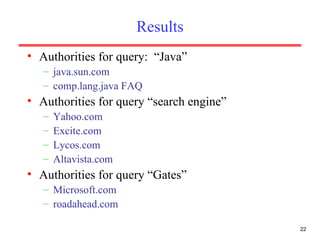 Results Authorities for query:  “Java” java.sun.com comp.lang.java FAQ Authorities for query “search engine” Yahoo.com Excite.com Lycos.com Altavista.com Authorities for query “Gates” Microsoft.com roadahead.com 