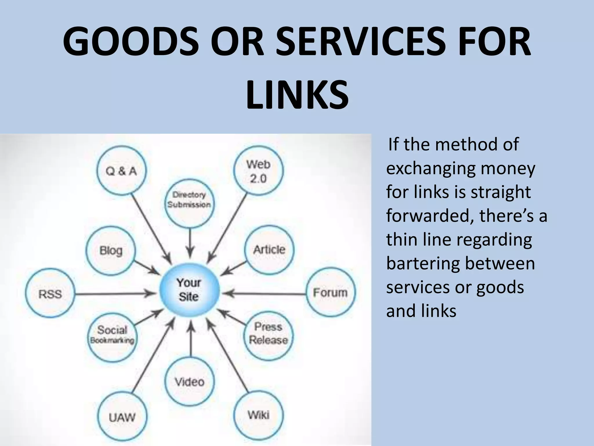 GOODS OR SERVICES FOR
LINKS
If the method of
exchanging money
for links is straight
forwarded, there’s a
thin line regarding
bartering between
services or goods
and links
 