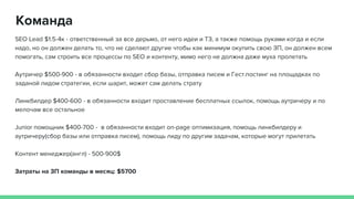 Команда
SEO Lead $1.5-4к - ответственный за все дерьмо, от него идеи и ТЗ, а также помощь руками когда и если
надо, но он должен делать то, что не сделают другие чтобы как минимум окупить свою ЗП, он должен всем
помогать, сам строить все процессы по SEO и контенту, мимо него не должна даже муха пролетать
Аутричер $500-900 - в обязанности входит сбор базы, отправка писем и Гест.постинг на площадках по
заданой лидом стратегии, если шарит, может сам делать страту
Линкбилдер $400-600 - в обязанности входит проставление бесплатных ссылок, помощь аутричеру и по
мелочам все остальное
Junior помощник $400-700 - в обязанности входит on-page оптимизация, помощь линкбилдеру и
аутричеру(сбор базы или отправка писем), помощь лиду по другим задачам, которые могут прилетать
Контент менеджер(англ) - 500-900$
Затраты на ЗП команды в месяц: $5700
 