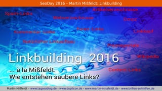 SeoDay 2016 – Martin Mißfeldt: Linkbuilding
Martin Mißfeldt – www.tagseoblog.de - www.duplicon.de - www.martin-missfeldt.de - www.brillen-sehhilfen.de
 