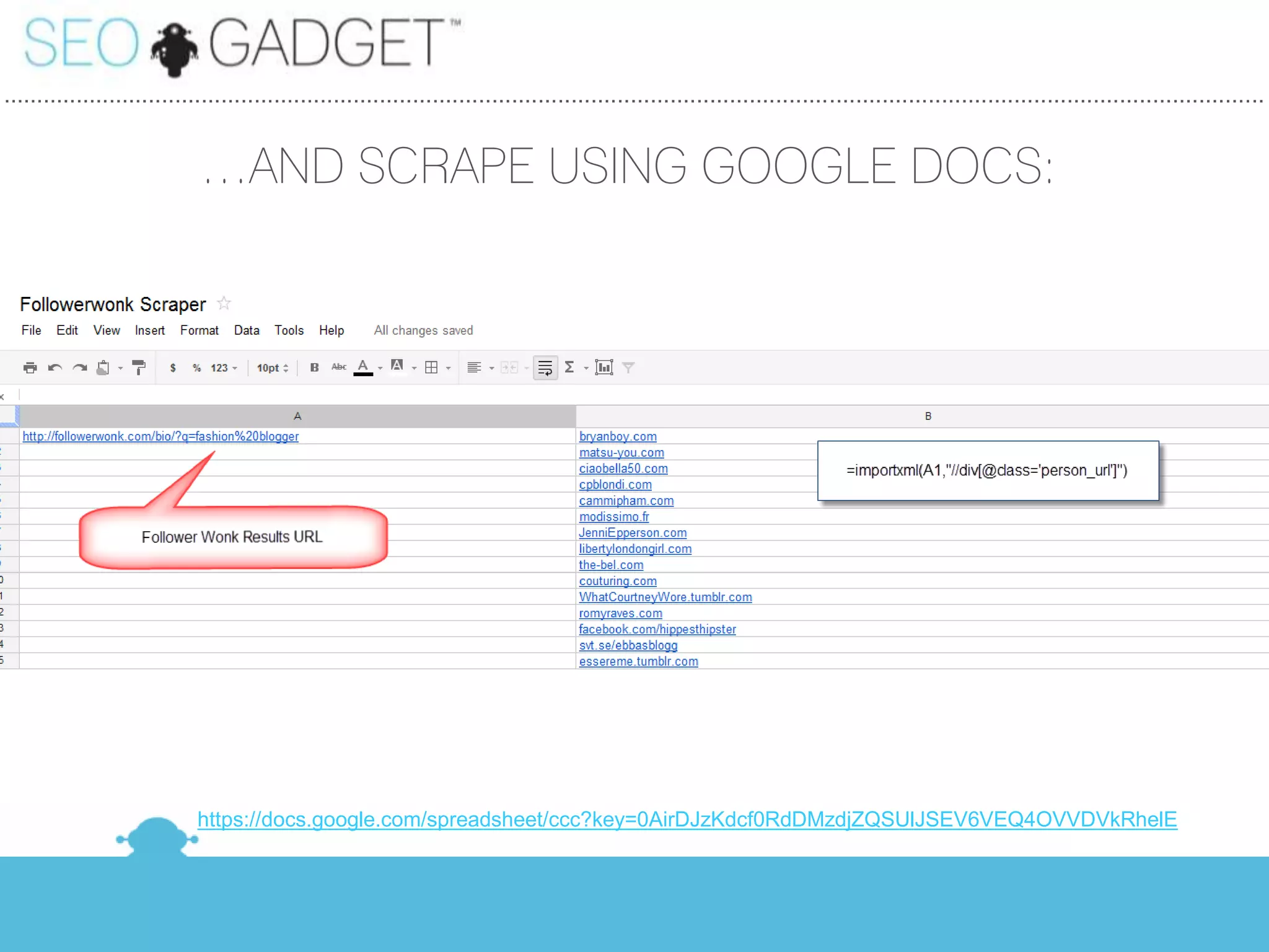 ...............................................................................................................................................................................................


                             …AND SCRAPE USING GOOGLE DOCS:




                             https://docs.google.com/spreadsheet/ccc?key=0AirDJzKdcf0RdDMzdjZQSUlJSEV6VEQ4OVVDVkRhelE
 