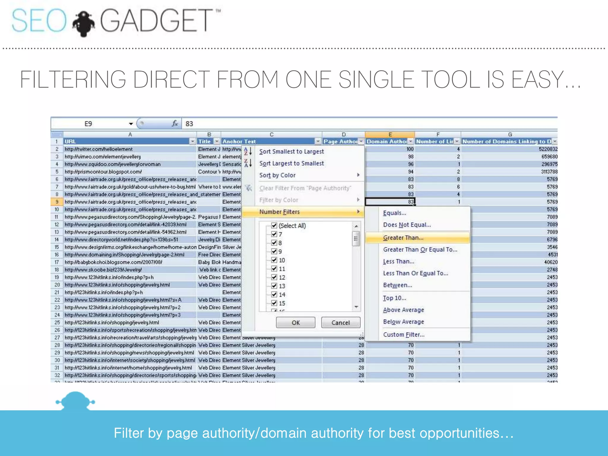 ...............................................................................................................................................................................................


     FILTERING DIRECT FROM ONE SINGLE TOOL IS EASY...




                                   Filter by page authority/domain authority for best opportunities...
 