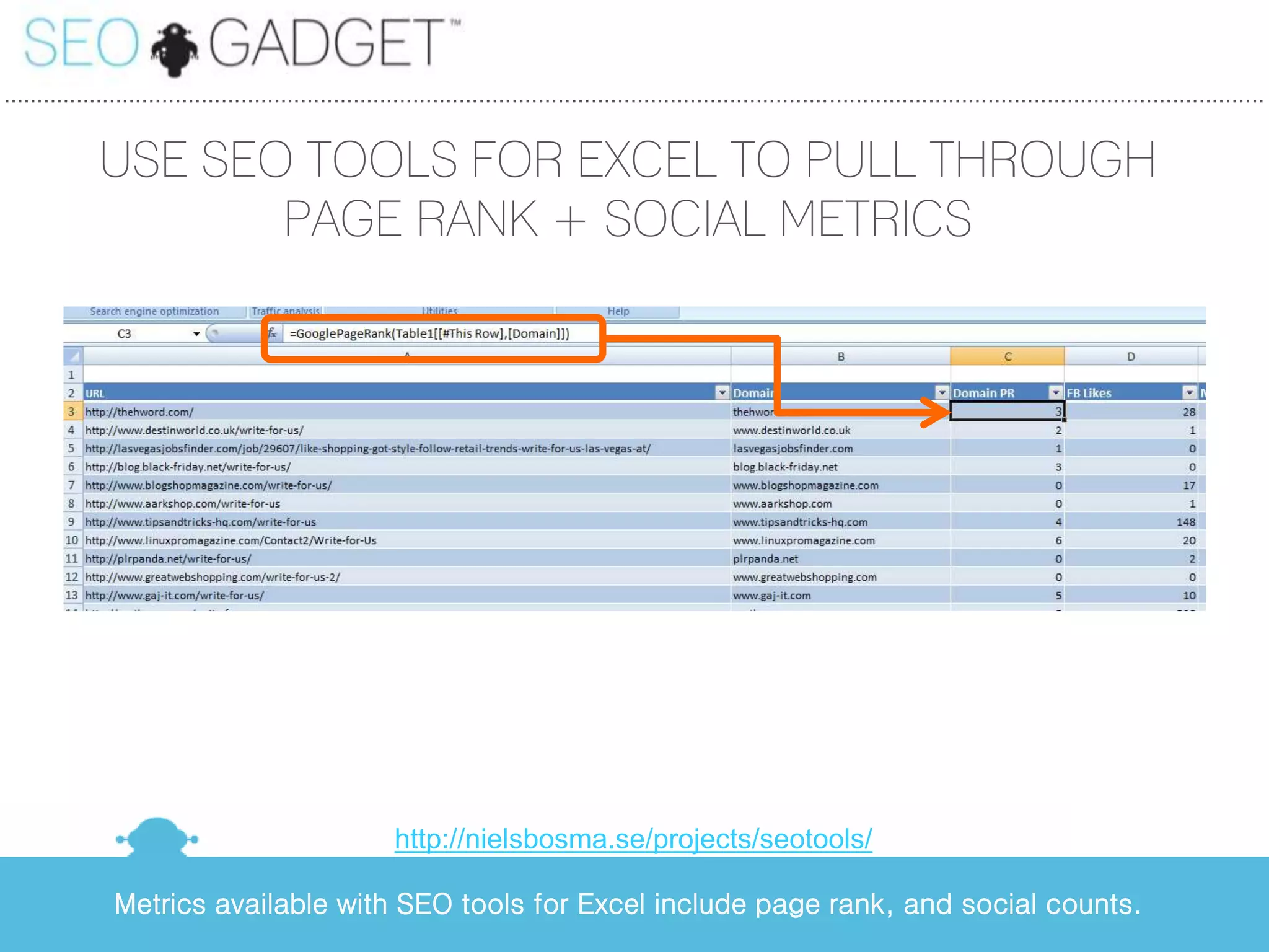 ...............................................................................................................................................................................................


              USE SEO TOOLS FOR EXCEL TO PULL THROUGH
                     PAGE RANK + SOCIAL METRICS




                                                           http://nielsbosma.se/projects/seotools/

                Metrics available with SEO tools for Excel include page rank, and social counts.
 