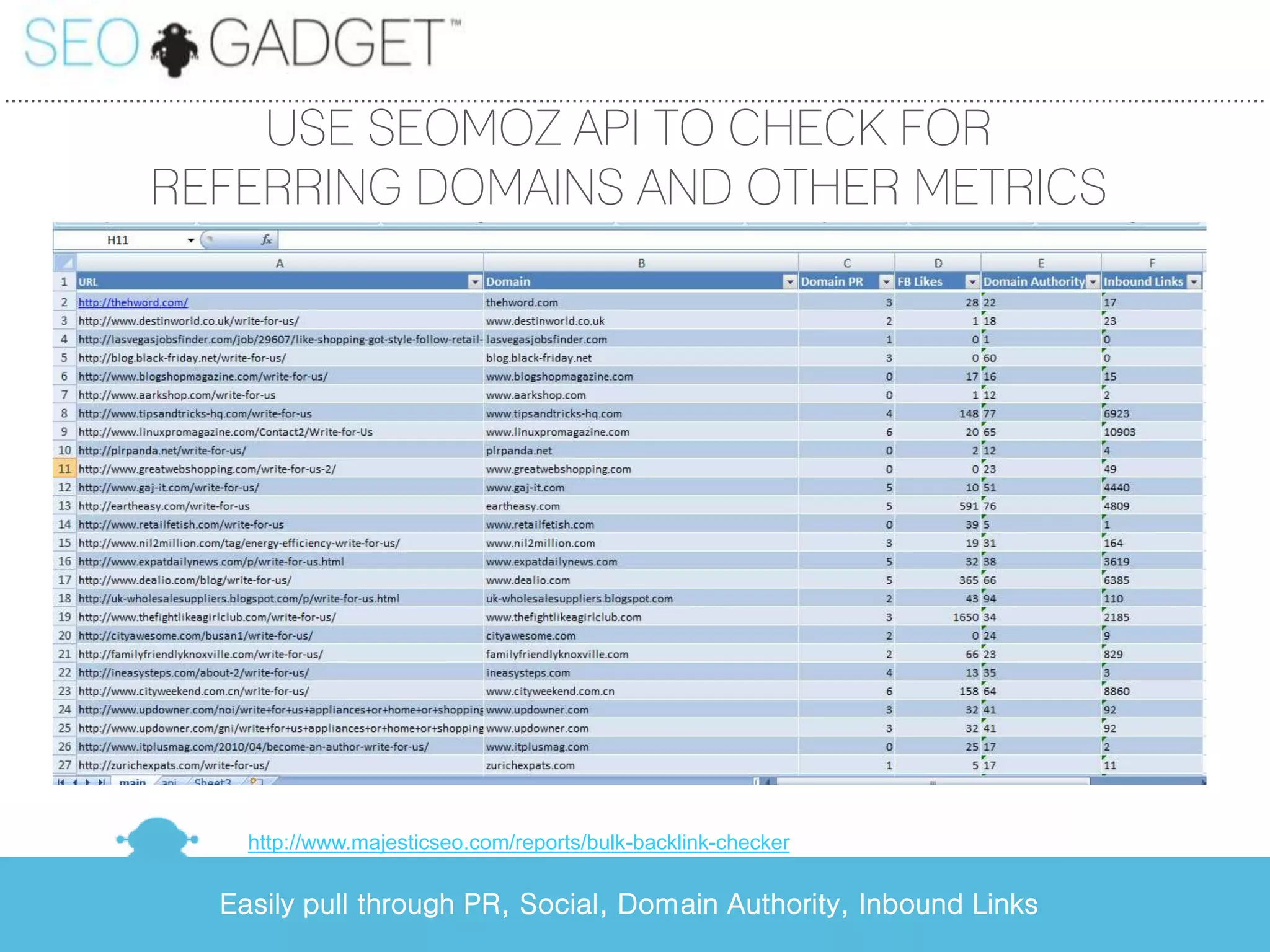...............................................................................................................................................................................................
                          USE SEOMOZ API TO CHECK FOR
                      REFERRING DOMAINS AND OTHER METRICS




                                    http://www.majesticseo.com/reports/bulk-backlink-checker


                                Easily pull through PR, Social, Domain Authority, Inbound Links
 