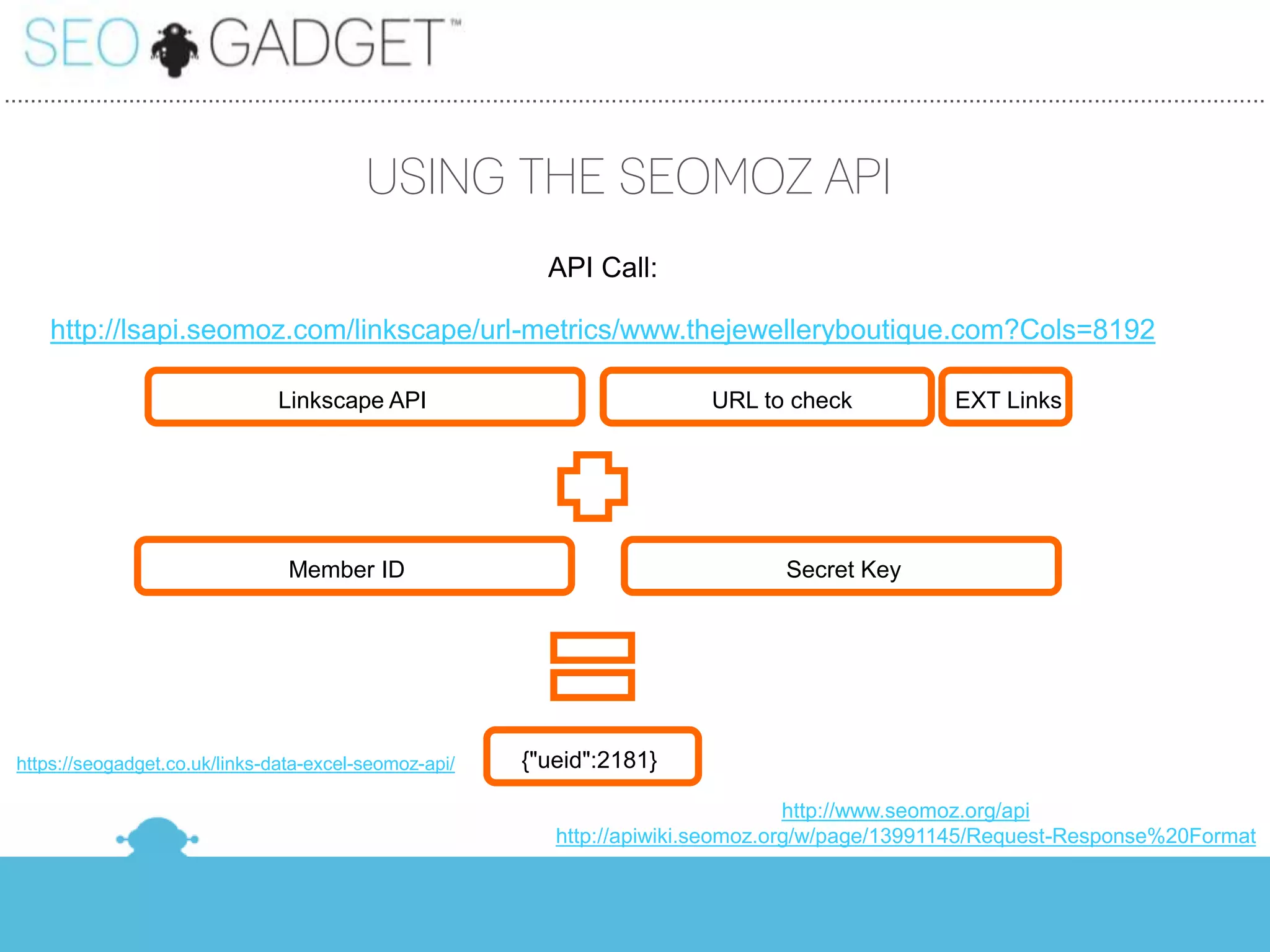 ...............................................................................................................................................................................................


                                                      USING THE SEOMOZ API
                                                                                  API Call:

       http://lsapi.seomoz.com/linkscape/url-metrics/www.thejewelleryboutique.com?Cols=8192

                                         Linkscape API                                                     URL to check                         EXT Links




                                           Member ID                                                                  Secret Key




 https://seogadget.co.uk/links-data-excel-seomoz-api/                         {"ueid":2181}

                                                                                                           http://www.seomoz.org/api
                                                                                   http://apiwiki.seomoz.org/w/page/13991145/Request-Response%20Format
 