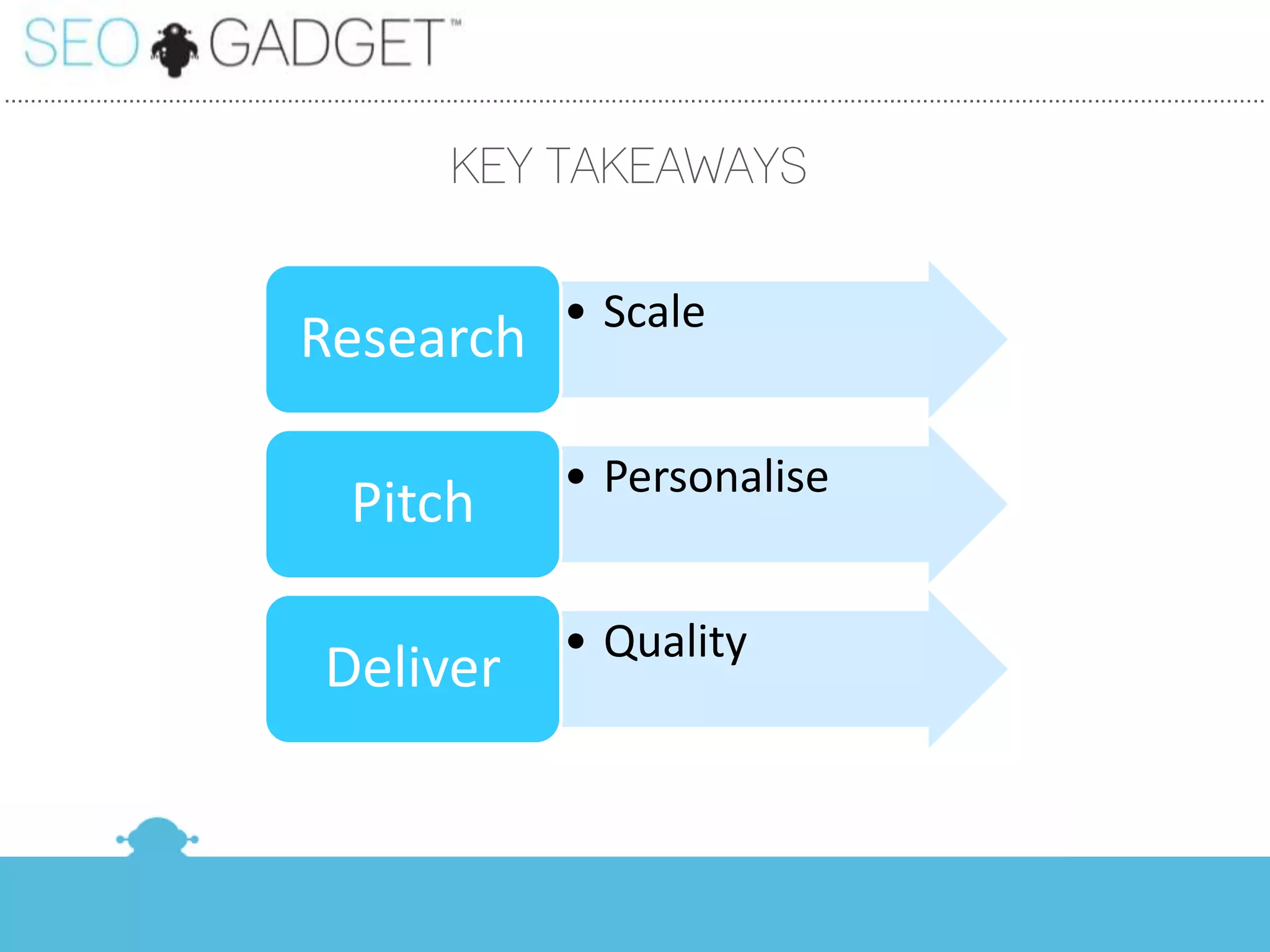 ...............................................................................................................................................................................................


                                                                   KEY TAKEAWAYS

                                                                                    • Scale
                                            Research

                                                                                    • Personalise
                                                    Pitch

                                                                                    • Quality
                                                Deliver
 