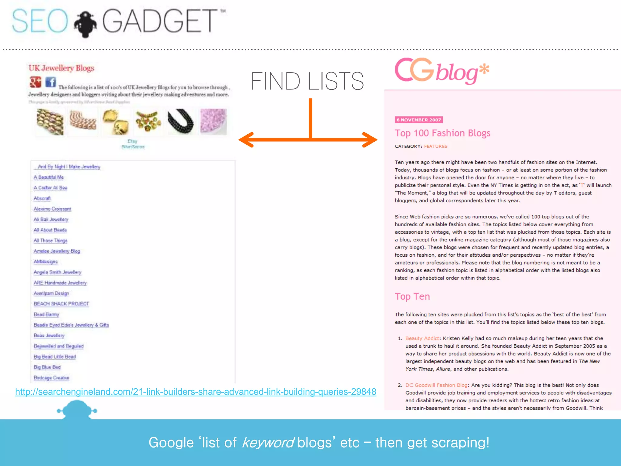...............................................................................................................................................................................................


                                                                            FIND LISTS




    http://searchengineland.com/21-link-builders-share-advanced-link-building-queries-29848




                                             Google ‘list of keyword blogs’ etc – then get scraping!
 