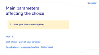 3. Price (one time vs subscription)
Main parameters
affecting the choice
ROI - ?
cost of risk - part of your strategy
(less budget - less opportunities - higher risk)
 