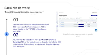 Detailed information on purchasing links via Serpzilla
system
Trinet.Group & Serpzilla success story
02
To promote the website we have purchased backlinks in
Serpzilla (70% of the budget went on Serpzilla Niche Edits, 30%
- Guestposts). The total cost of maintaining Serpzilla links was
$55 per month.
Backlinks do work!
01
The semantic core of the website included about
800 keywords of different frequency. At the
start, visibility in the TOP 100 in Google was
only 12%.
 