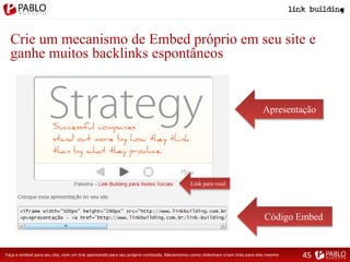 Crie um mecanismo de Embed próprio em seu site e
ganhe muitos backlinks espontâneos
Apresentação
Link para você
Código Embed
Faça o embed para seu site, com um link apontando para seu próprio conteúdo. Mecanismos como slideshare criam links para eles mesmo 45
 