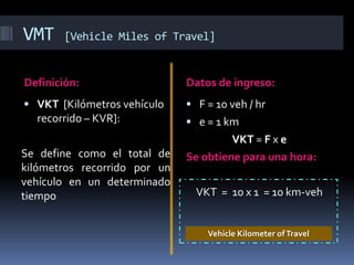 VMT [Vehicle Miles of Travel]
Definición: Datos de ingreso:
 VKT [Kilómetros vehículo
recorrido – KVR]:
Se define como el total de
kilómetros recorrido por un
vehículo en un determinado
tiempo
 F = 10 veh / hr
 e = 1 km
VKT = F x e
Se obtiene para una hora:
VKT = 10 x 1 = 10 km-veh
Vehicle Kilometer ofTravel
 