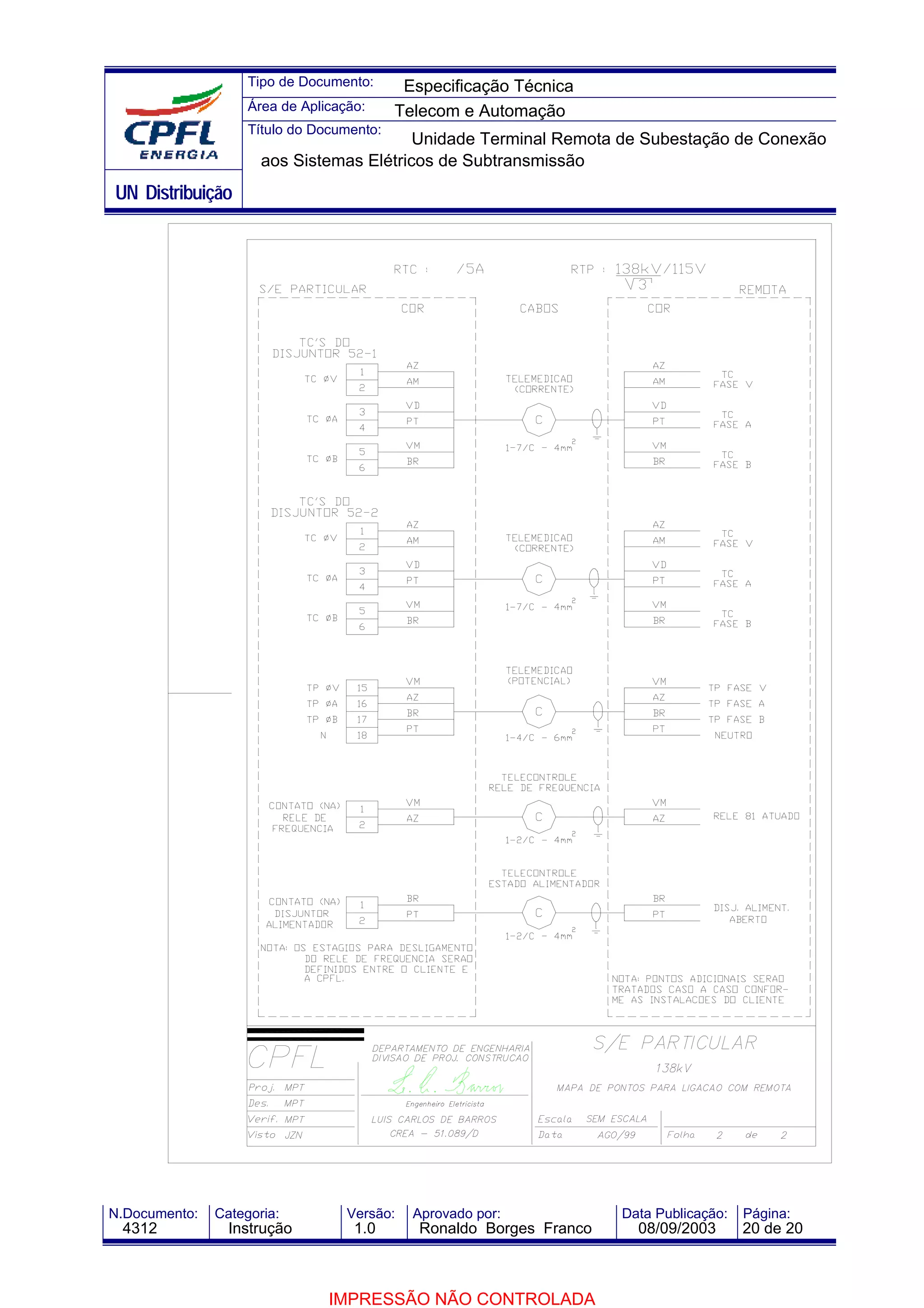 Tipo de Documento:      Especificação Técnica
                    Área de Aplicação:     Telecom e Automação
                    Título do Documento:
                                          Unidade Terminal Remota de Subestação de Conexão
                      aos Sistemas Elétricos de Subtransmissão
UN Distribuição




N.Documento:   Categoria:          Versão:   Aprovado por:            Data Publicação:   Página:
 4312            Instrução          1.0       Ronaldo Borges Franco     08/09/2003       20 de 20



                                IMPRESSÃO NÃO CONTROLADA
 