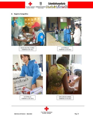 ___________________________________________________________________________________________________________
Informes de Avance - Operador Pág. 17
8. Registro Fotográfico
BOCAS DEL RIO, TURBO.
FEBRERO 6 DE 2011.
LA ESTRELLA.
FEBRERO 12 DE 2011
LA ESTRELLA.
FEBRERO 12 DE 2011
SAN JUAN DE URABA,
FEBRERO 21 DE 2011
 