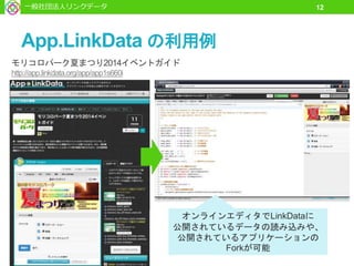 App.LinkData の利用例
一般社団法人リンクデータ 12
モリコロパーク夏まつり2014イベントガイド
http://app.linkdata.org/app/app1s660i
オンラインエディタでLinkDataに
公開されているデータの読み込みや、
公開されているアプリケーションの
Forkが可能
 