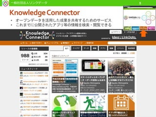 一般社団法人リンクデータ 5
KnowledgeConnector
• オープンデータを活用した成果を共有するためのサービス
• これまでに公開されたアプリ等の情報を検索・閲覧できる
 