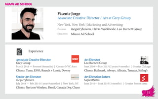Vicente Jorge
Associate Creative Director / Art at Grey Group
New York, New York | Marketing and Advertising
Education
Previous
Miami Ad School
mcgarrybowen, Havas Worldwide, Leo Burnett Group
Experience
Associate Creative Director
Grey Group
March 2016 — Present (8months) | Greater NYC Area
Clients: Tums, ENO, Bausch + Lomb, Downy
Art Direction Intern
SapientNitro
June 2010— Sept 2010 (3 months) | Greater Boston Area
Art Director
Leo Burnett Group
Sept 2010 ­—May 2013 (2 years 9 months) | Greater Chicago
Clients: Hallmark, Always, Allstate, Tempax, Kellog’s
mcgarrybowen
July 2014 — Feb 2014 (1 year 8 months) | New York, NY
Clients: Nerizon Wireless, Droid, Canada Dry, Chase
Senior Art Director
19
 