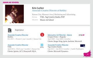 Kris Layher
Associate Creative Director at Barkley
Kansas City, Missouri Area | Marketing and Advertising
Education
Previous
Miami Ad School
VML, Tag Creative Studio, POP
Experience
Associate Creative Director
Barkley
Oct 2015 — Present (1 year 1 month) | Kansas City
Associate Creative Director
Tag Creative Studio
Sept 2013 — Jan 2014 (5 months) | Seattle Washington
Clients: Microsoft Dynamics
Interactive Art Director - Intern
Crispin Porter + Bogusky
April 2008 ­—June 2008 (3 months)
Clients: Burger King, Sprite, Jawbone, Microsoft
VML
April 2014— Oct(1 year 7 months) | Kansas City
Clients: Sprints, ACT, Honeywell, SSGA
Associate Creative Director
34
 