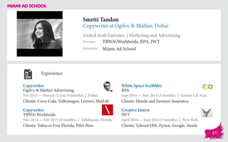 Smriti Tandon
Copywriter at Ogilvy & Mather, Dubai
United Arab Emirates | Marketing and Advertising
Education
Previous
Miami Ad School
TBWAWorldwide, RPA, JWT
Experience
Copywriter
Ogilvy & Mather Advertising
Feb 2015 — Present (1 year 9 months) | Dubai
Clients: Coca-Cola, Volkswagen, Lenovo, MetLife
Creative Intern
JWT
April 2014 — June 2014 (3 months) | New York
Clients: Tylenol OM, Zyrtex, Google, Nestle
White Space Scribbler
RPA
Sept 2014 ­— Nov 2014 (3 months) | Greater LA Area
Clients: Honda and Farmers Insurance
TBWAWorldwide
Nov 2014 — Feb 2015 (4 months) | Tallahassee, Florida
Clients: Tobacco Free Florida, Pilot Pens
Copywriter
45
 