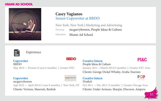 Casey Vagianos
Senior Copywriter at BBDO
New York, New York | Marketing and Advertising
Education
Previous
Miami Ad School
mcgarrybowen, People Ideas & Culture
Experience
Copywriter
BBDO
May 2014 — Present (2 year 6 months) | Greater NYC
Creative Intern
Draftcb
Oct 2011 — Dec 2011 (3 months) | Greater Chicago Area
Clients: Under Armour, Sharpie, Discover, Ampyra
Creative Intern
People Ideas & Culture
January 2012 ­—March 2012(3 months) | Greater NYC Area
Clients: George Dickel Whisky, Aruba Tourism
mcgarrybowen
Sept 2012 — April 2014 (1 year 8 months) | New York, NY
Clients: Verizon, Maserati, Reebok
Copywriter
52
 