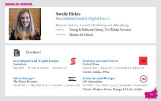 Natalie Hickes
Recruitment Lead at Digital Factor
Toronto, Ontario, Canada | Marketing and Advertising
Education
Previous
Miami Ad School
Young & Rubicam Group, The Talent Business
Experience
Recruitment Lead - Digital Factory
Scotiabank
May 2015 — Present (6 months) | Toronto, CA
Senior Account Manager
180 Amsterdam
Jan 2010 — Dec 2010 (1 year) | Amsterdam, Netherlands
Clients: Western Union, Omega, Eli Lilly, Adidas
Freelance Account Director
Critical Mass
January 2011 ­—March 2011 (3 months) | London, UK
Clients: Adidas, P&G
The Talent Business
March 2011 — May 2014 (3 years 3 months) | London, UK
Talent Strategist
56
 