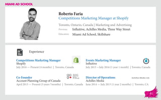 Roberto Faria
Competitions Marketing Manager at Shopify
Toronto, Ontario, Canada | Marketing and Advertising
Education
Previous
Miami Ad School, Skillshare
Influitive, Achilles Media, Three Way Street
Experience
Competitions Marketing Manager
Shopify
July 2016 — Present (4 months) | Toronto, Canada
Director of Operations
Achilles Media
June 2014 — July 2015 (1 year 2 months) | Toronto, CA
Events Marketing Manager
Influitive
July 2015 ­—July 2016 (1 year 1 month) | Toronto, Canada
Account Planning Group of Canada
April 2013 — Present (3 years 7months) | Toronto, Canada
Co-Founder
61
 