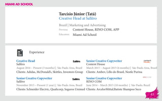 Tarcísio Júnior (Tatá)
Creative Head at Sallêro
Brazil | Marketing and Advertising
Education
Previous
Miami Ad School
Content House, RINO COM, APP
Experience
Creative Head
Sallêro
August 2016 – Present (3 months) | São Paulo Area, Brazil
Clients: Adidas, McDonald’s, Skittles, Investors Group
Senior Creative Copywriter
RINO COM
June 2014 – March 2015 (10 months) | São Paulo, Brazil
Clients: ArcelorMittal,Batiste Shampoo Seco
Senior Creative Copywriter
Content House
March 2015 – August 2015 (6 months) | São Paulo Area, Brazil
Clients: Ambev, Lillo do Brasil, Nestle Purina
Sallêro
November 2015 – Present (1 year) | São Paulo Area, Brazil
Clients: Schneider Electric, Qualicorp, Seguros Unimed
Senior Creative Copywriter
63
 