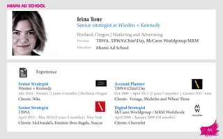 Irina Tone
Senior strategist at Wieden + Kennedy
Portland, Oregon | Marketing and Advertising
Education
Previous
Miami Ad School
TBWA, TBWAChiatDay, McCann Worldgroup/MRM
Experience
Senior Strategist
Wieden + Kennedy
July 2014 – Present (2 years 4 months) | Portland, Oregon
Clients: Nike
Digital Strategist
McCann Worldgroup / MRM Worldwide
April 2008 – January 2009 (10 months)
Clients: Chevrolet
Account Planner
TBWAChiatDay
Oct 2009 – April 2012 (2 years 7 months) | Greater NYC Area
Clients: Vonage, Michelin and Wheat Thins
TBWA
April 2012 – May 2014 (2 years 2 months) | New York
Clients: McDonald’s, Einstein Bros Bagels, Nascar
Senior Strategist
64
 