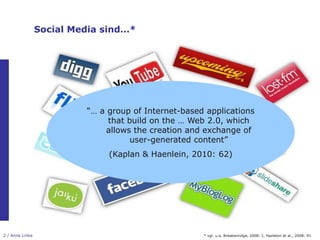 Social Media sind…*




                          “… a group of Internet-based applications
                               that build on the … Web 2.0, which
                               allows the creation and exchange of
                                     user-generated content”
                               (Kaplan & Haenlein, 2010: 62)




2 / Anne Linke                                        * vgl. u.a. Breakenridge, 2008: I; Hazleton et al., 2008: 91
 