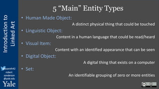 Introduction
to
Linked
Art
@azaroth42
robert.
sanderson
@yale.edu
5 “Main” Entity Types
• Human Made Object:
A distinct physical thing that could be touched
• Linguistic Object:
Content in a human language that could be read/heard
• Visual Item:
Content with an identified appearance that can be seen
• Digital Object:
A digital thing that exists on a computer
• Set:
An identifiable grouping of zero or more entities
 