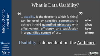 Introduction
to
Linked
Art
@azaroth42
robert.
sanderson
@yale.edu
What is Data Usability?
… usability is the degree to which [a thing]
can be used by specified consumers to
achieve [their] quantified objectives with
effectiveness, efficiency, and satisfaction
in a quantified context of use.
who
what
how
where
Usability is dependent on the Audience
https://en.wikipedia.org/wiki/usability
“ ”
 