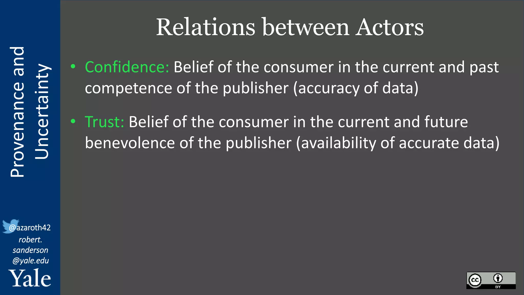 Provenance
and
Uncertainty
@azaroth42
robert.
sanderson
@yale.edu
Relations between Actors
• Confidence: Belief of the consumer in the current and past
competence of the publisher (accuracy of data)
• Trust: Belief of the consumer in the current and future
benevolence of the publisher (availability of accurate data)
 