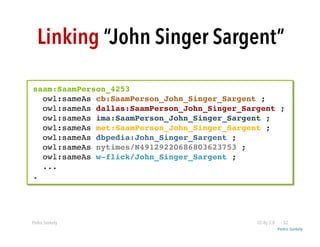 Linking “John Singer Sargent” 
saam:SaamPerson_4253! 
owl:sameAs cb:SaamPerson_John_Singer_Sargent ;! 
owl:sameAs dallas:S...