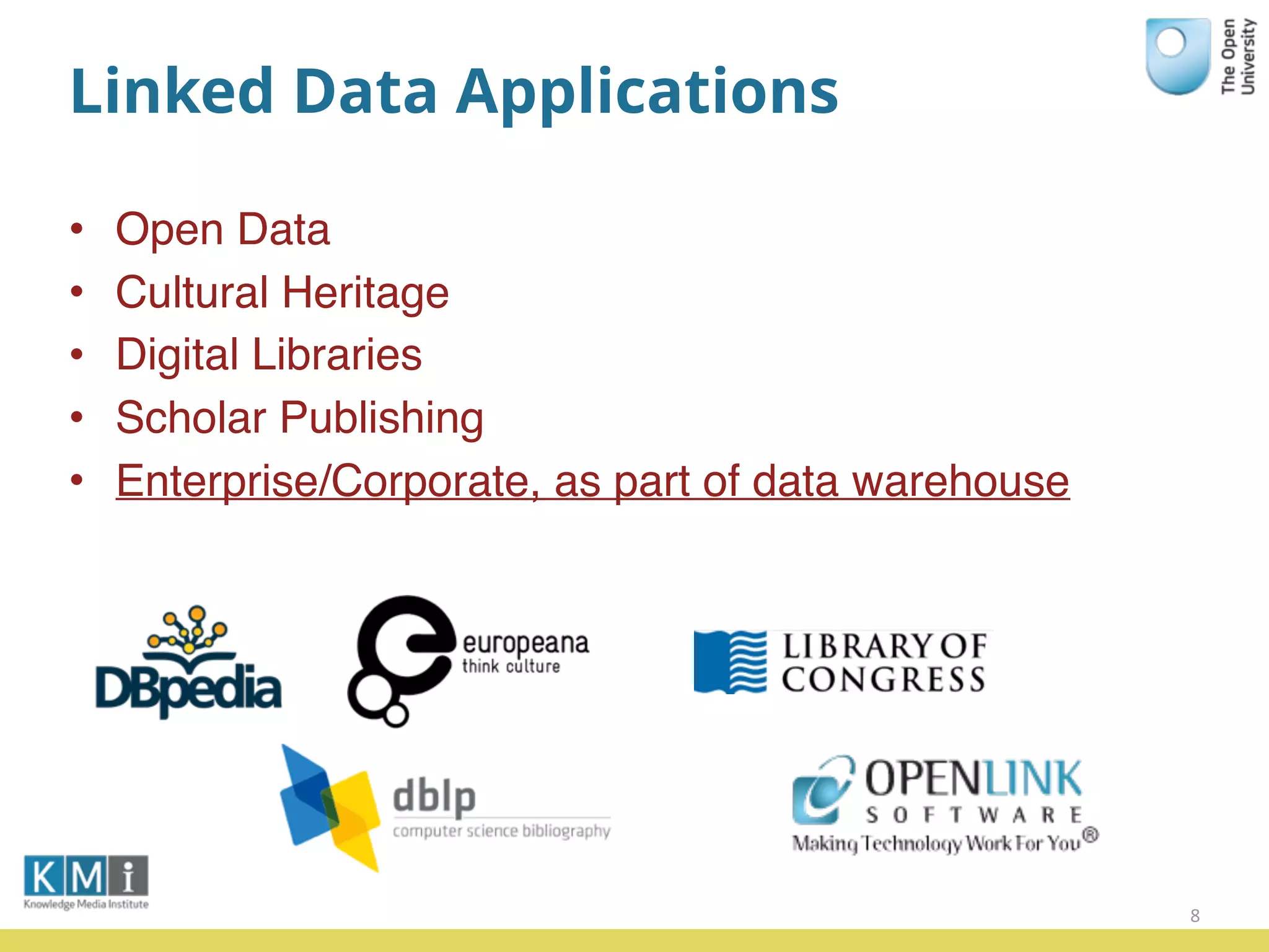 Linked Data Applications
• Open Data
• Cultural Heritage
• Digital Libraries
• Scholar Publishing
• Enterprise/Corporate, as part of data warehouse
8
 