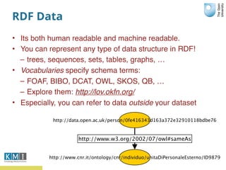 RDF Data
• Its both human readable and machine readable.
• You can represent any type of data structure in RDF!
– trees, sequences, sets, tables, graphs, …
• Vocabularies specify schema terms:
– FOAF, BIBO, DCAT, OWL, SKOS, QB, …
– Explore them: http://lov.okfn.org/
• Especially, you can refer to data outside your dataset
7
 