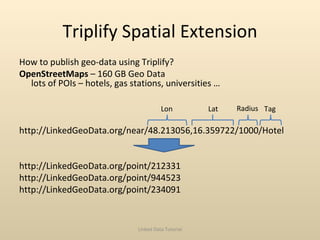 Triplify Spatial Extension <ul><li>How to publish geo-data using Triplify? </li></ul><ul><li>OpenStreetMaps  – 160 GB Geo ...