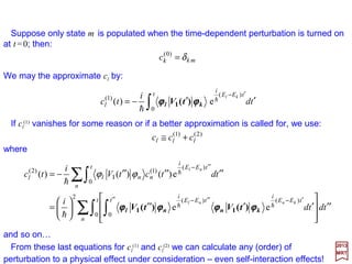 In ionic binding we have just seen that the individual atoms either gain or lose
electrons and become effectively ions. In covalent binding the electrons are shared
between the atoms and one should not think in terms of gaining or losing electrons.
Again, we will choose a particularly simple system to illustrate; in this case it is H2
++++ (Z=1)
two protons sharing a single electron.
2017
MRT
For this system we can write down the Hamiltonian:
r
e
r
e
r
e
m
p
m
P
m
P
H
2
2
2
1
2
e
2
p
2
2
p
2
1
222
+−−++=
119
where mp is the mass of a proton and me the electron mass; P1 and P2 are the momenta
of protons 1 and 2 respectively, p is the electron momentum; r is the separation between
protons 1 and 2 and r1 and r2 are the separations between proton 1 and the electron and
proton 2 and the electron respectively. By using the Hamiltonian we could write the
Schrödinger equation, although it could not be solved in closed form since this is a
three-body problem. Therefore, it is helpful to use the adiabatic approximation in which
the motion of the protons is neglected. This is a reasonable procedure because the
protons are so much more massive than the electron that their relative motion will
necessarily be much smaller than that of the electron. In the adiabatic approximation we
ignore the P1
2/2mp, P2
2/2mp and e2/r and the Hamiltonian becomes:
2
2
1
2
e
2
2 r
e
r
e
m
p
H −−=
 