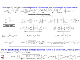 First few radial functions Rnl(r) for R10, R20 and
R21 as a function of the Bohr radius, ao =
4πεoh2/mee2 and has a value for Hydrogen of
5.29×10−11 m.
0
)1(2
επ4
1
2
2
o
2
2
=







 +
−+− f
rr
e
rd
fd
a
rd
fd ll
The substitution of P(r) = f (r)exp(−a r) into this equation yields:
To ensure that f remains finite as r→ 0, it is necessary for s to
be positive. When this series is substituted into the differential
equation for f , it is found that s=l +1 >0. Without immersing
ourselves into the fairly intricate details, the final solution for Rnl is
given by (if nuclear movement is not negligible: ao'=ao(1+ me /mN)):
The Radial Equation now becomes:
0)(
)1(
επ4
12)(
2
2
o
2
e
2
2
=







 +
−++ rP
rr
e
E
m
rd
rPd ll
h
To proceed further, it is necessary to specify the form of the potential V(r). Let us now
assume that the physical system consists of an electronof rest mass me interactingwith a
nucleus of charge e, viatheCoulomb interaction (notice how this is a function of r only):
r
e
rV
2
oεπ4
1
)( =
whose solutions may be expressed as a power series (i.e., we
can solve it only approximately!):
)( 2
210 L+++= rArAArf s
12
/
o
/2
1
1
2/3
o
2
1 o
o
e
)e(
1
)!1()!(
2
)(
1
)( +
+−
−−
−−
+
+








−−+
== l
l
l
l
l
l
l
ll
ll ra
r
r
rd
d
annn
rP
r
rR
anr
nanr
n
n
nn
n = 1, l = 0
n = 2, l = 0
n = 2, l = 1
Rnl(r)
r /ao
2017
MRT
o/
2/3
o
10 e2
1
)( ar
a
rR −








= o2/
o
2/3
o
20 e2
2
1
)( ar
a
r
a
rR −








−







=
o2/
o
2/3
o
21 e
32
1
)( ar
a
r
a
rR −








=
12
 