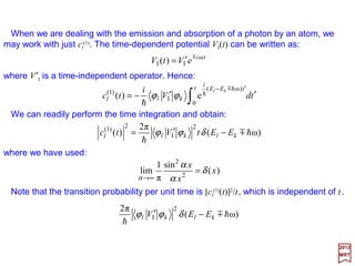 x
y
x
y
r
ψ0
S
ψ0
A
ψ0
S
ψ0
A
r
When r is large the electron can be thought of as belonging to one proton or the other,
but as r becomes small this distinction is not possible and we must consider the effects
of exchange degeneracy. In this case, we ought then to take the total wave function as
being either symmetric or antisymmetric. For convenience we take both protons to be
lying on the x-axis so that under an exchange it is only the x coordinate that varies. Then
we write:
2017
MRT
Further, for the ground state U100 we choose the x-axis so that we have U100(x,0,0). Both
ψ0
S and ψ0
A are shown in the Figure for different values of r. Looking at these plots, we
see that as r→0 (at x=0), ψ0
S →maximum and ψ0
A →0.
)],,(),,([
2
1
)],,(),,([
2
1
2121 zyxUzyxUzyxUzyxU nn
A
nnn
S
n −=+= ψψ or
120
Illustrating the form of the symmetric and antisymmetric wave functions of the H2
++++ molecule for two
different proton separation distances (Left vs Right) .
 